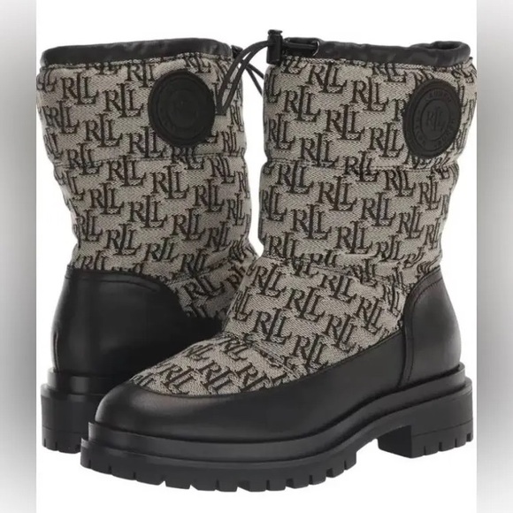 Lauren Ralph Lauren COREE Water Res Monogram Black Gray Quilted Top Boots Sz 7.5 - Picture 1 of 6